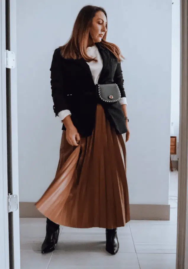 black blazer with pleated skirts