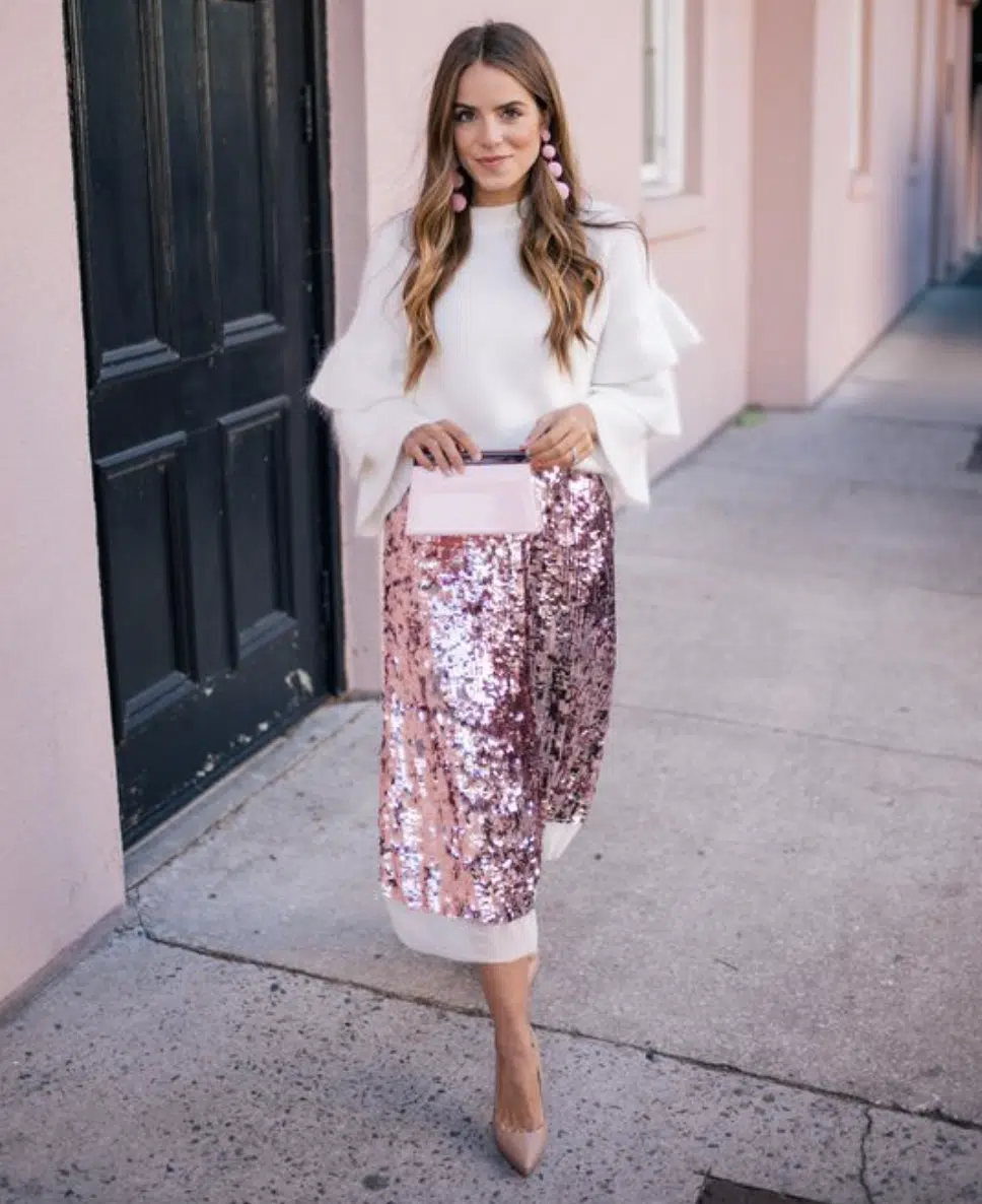 Fitted sweater and sequin skirt outfit