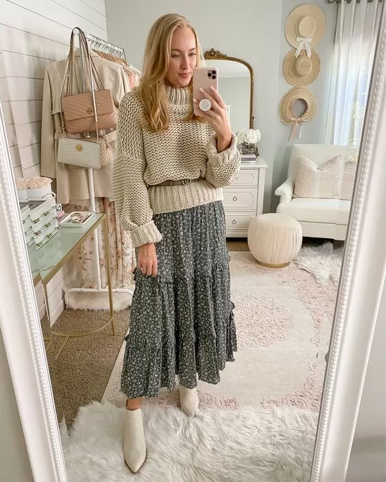 Bohemian cottage core maxi skirt winter look