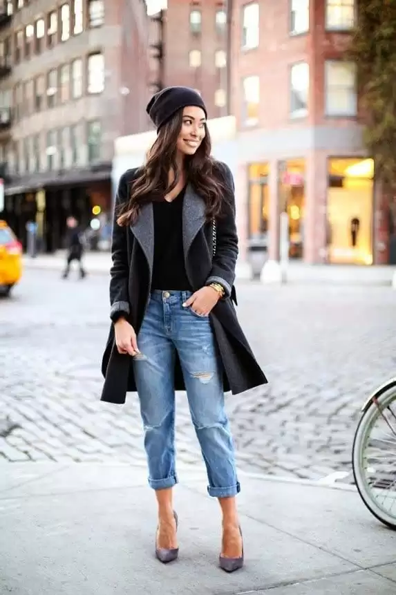 long coat with boyfriend jeans