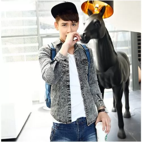 Unique-Men-Denim-Washed-Shirts-Vintage-Casual-Cowboy-Blouse-Fashion-Korean-Style-Slim-Fit-Snow-Black