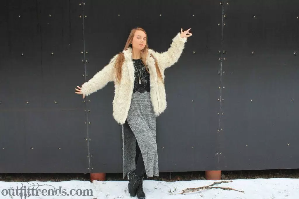 Winter outfit with faux fur jacket