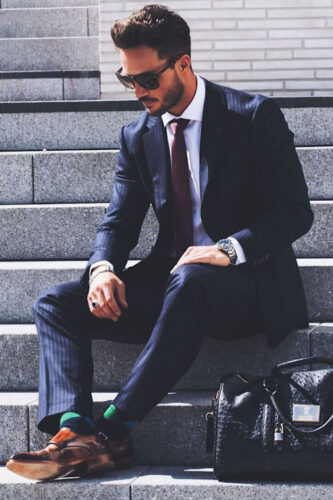grey suit pink shirt brown shoes