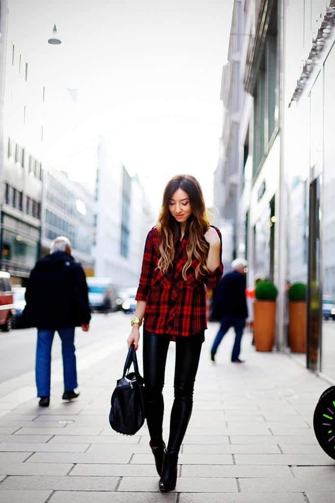 Beautiful Hipster Girl In Red Plaid Shirt, Grey T-shirt And Ripped