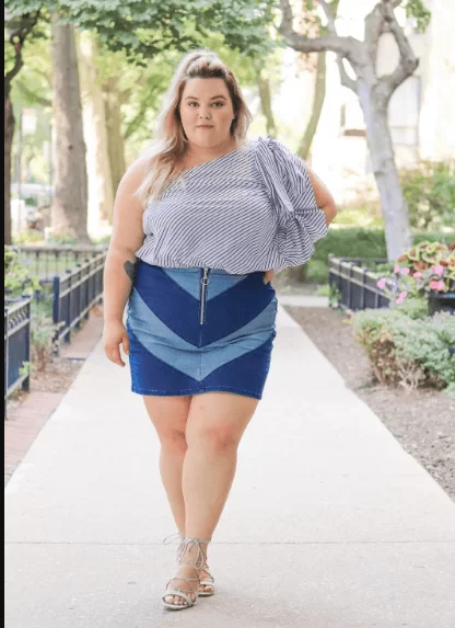 plus size denim skirt outfit