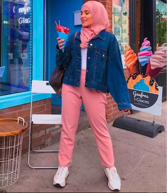 pink with denim jacket