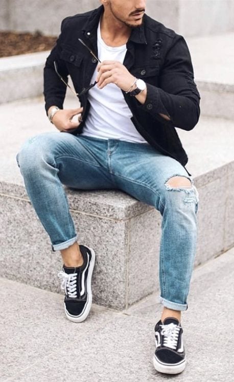 Black pants blue denim jacket sale