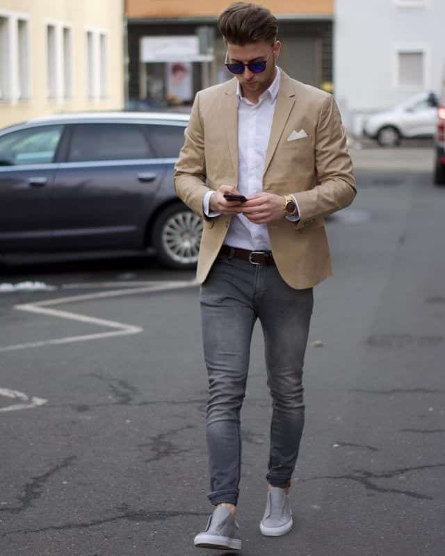 white t shirt and grey pants