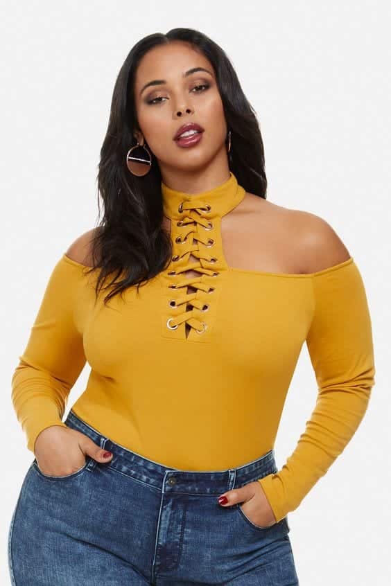 Choker Neck Blouse Outfits Plus Size