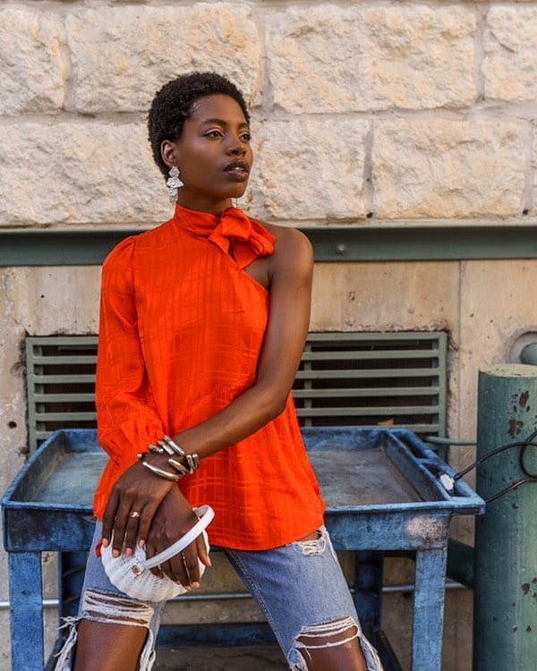 Choker Neck Blouse Outfits Orange 