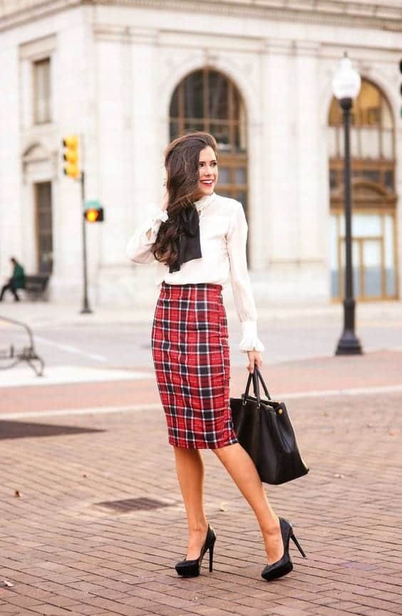 red checkered skirt outfit