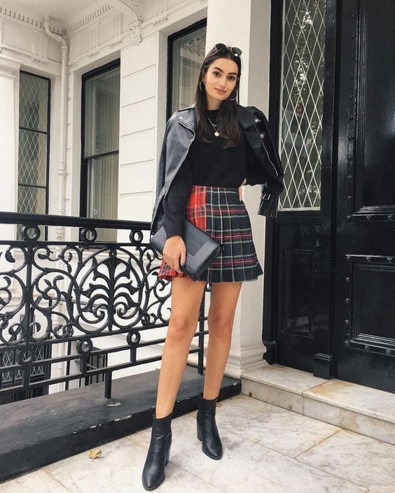 Beige plaid outlet skirt outfit