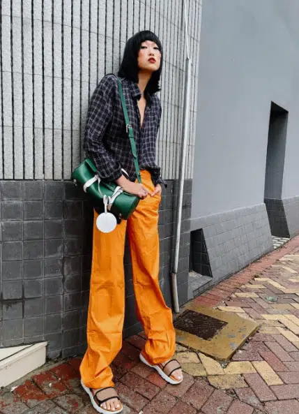 Straight Orange Pants with Black Checkered Shirt