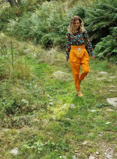 Orange pants with printed shirt