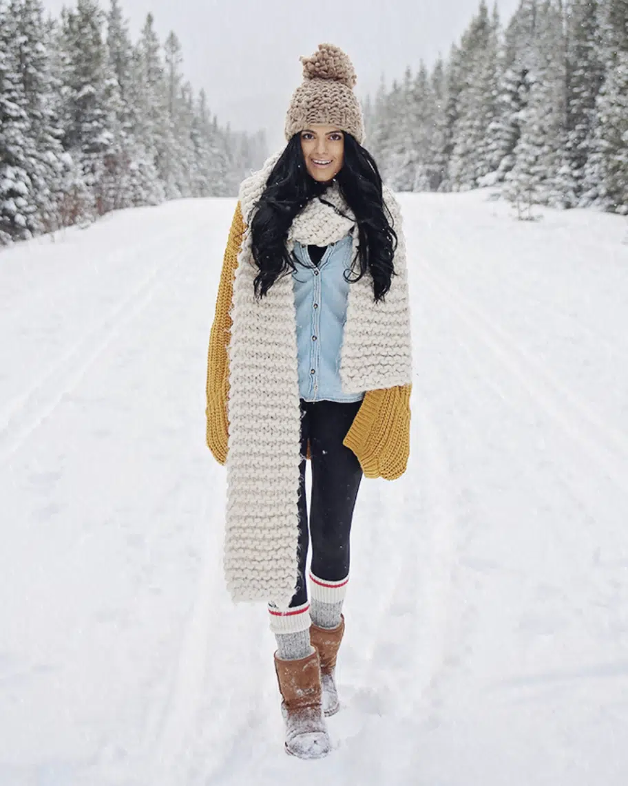 Large woven scarf ski trip outfit