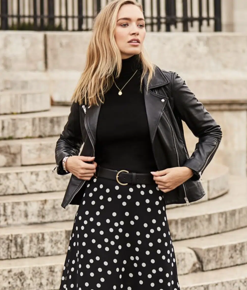 Polka dot skirt black and white outfit