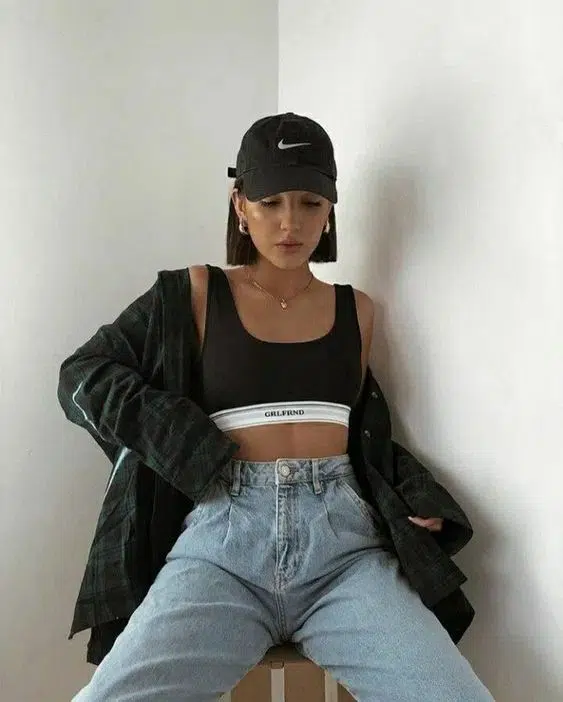 Black sports bra and black cap outfit