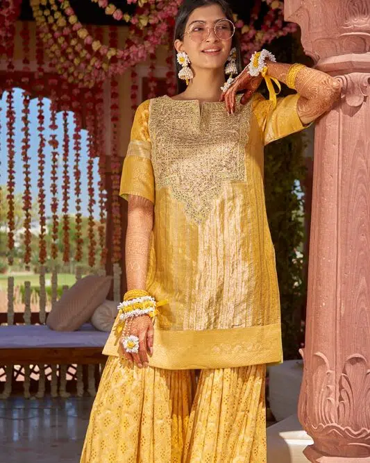 yellow gharara with vintage sunglasses